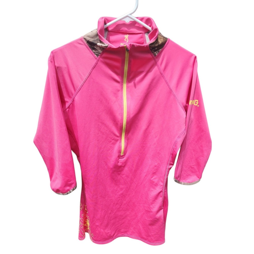 Browning Womens Pink Camo Quarter Zip Performance Top 3/4 Sleeve Size M